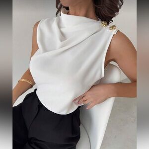 Elegant White Sleeveless Top with Gold Button Accents